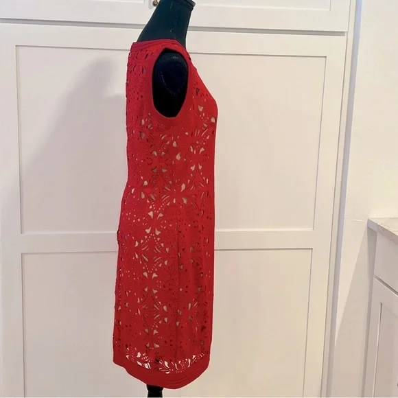 Tadashi Shoji Red Laser Cut Suede Sheath Knee Length Dress Size medium - Picture 10 of 16